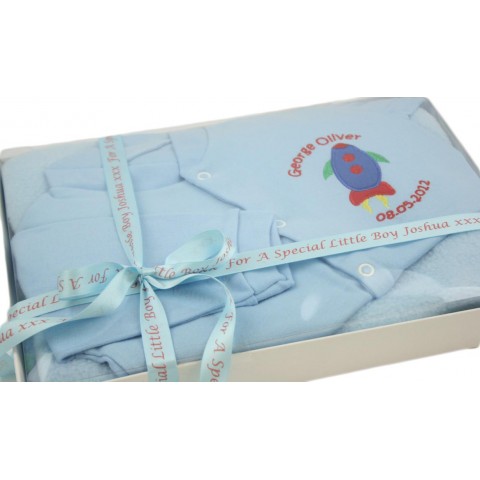 Personalised Baby Boy Gift Set Sleepsuit & Blanket Boxed Cute Rocket Design Newborn Gift